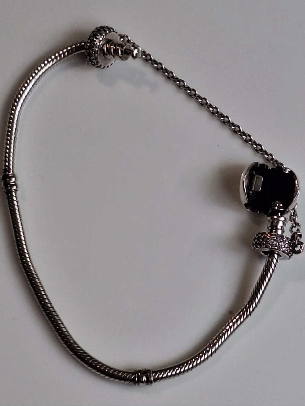 Authentic Pandora Heart Clasp Bracelet with Sparkling Pavé Safety Chain S925 ALE